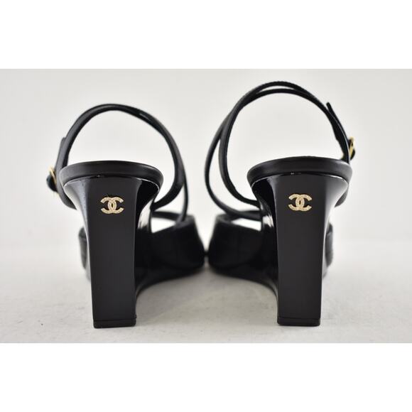 Chanel 24C Black Quilted Lambskin CC Crystal Logo Ankle Strap Sandal Wedge 38 - Picture 11 of 16